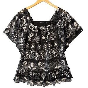 Jennifer Lloyd Blouse Women S Black White Paisley Flutter Sleeve Peplum Chiffon